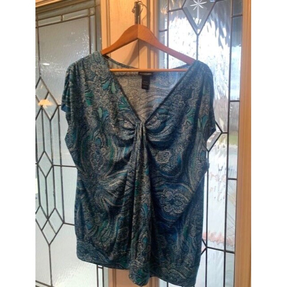 Lane Bryant 18-20W Blue Paisley Floral V-neck Cap Sleeve Blouse Top Coastal‎ Y2K